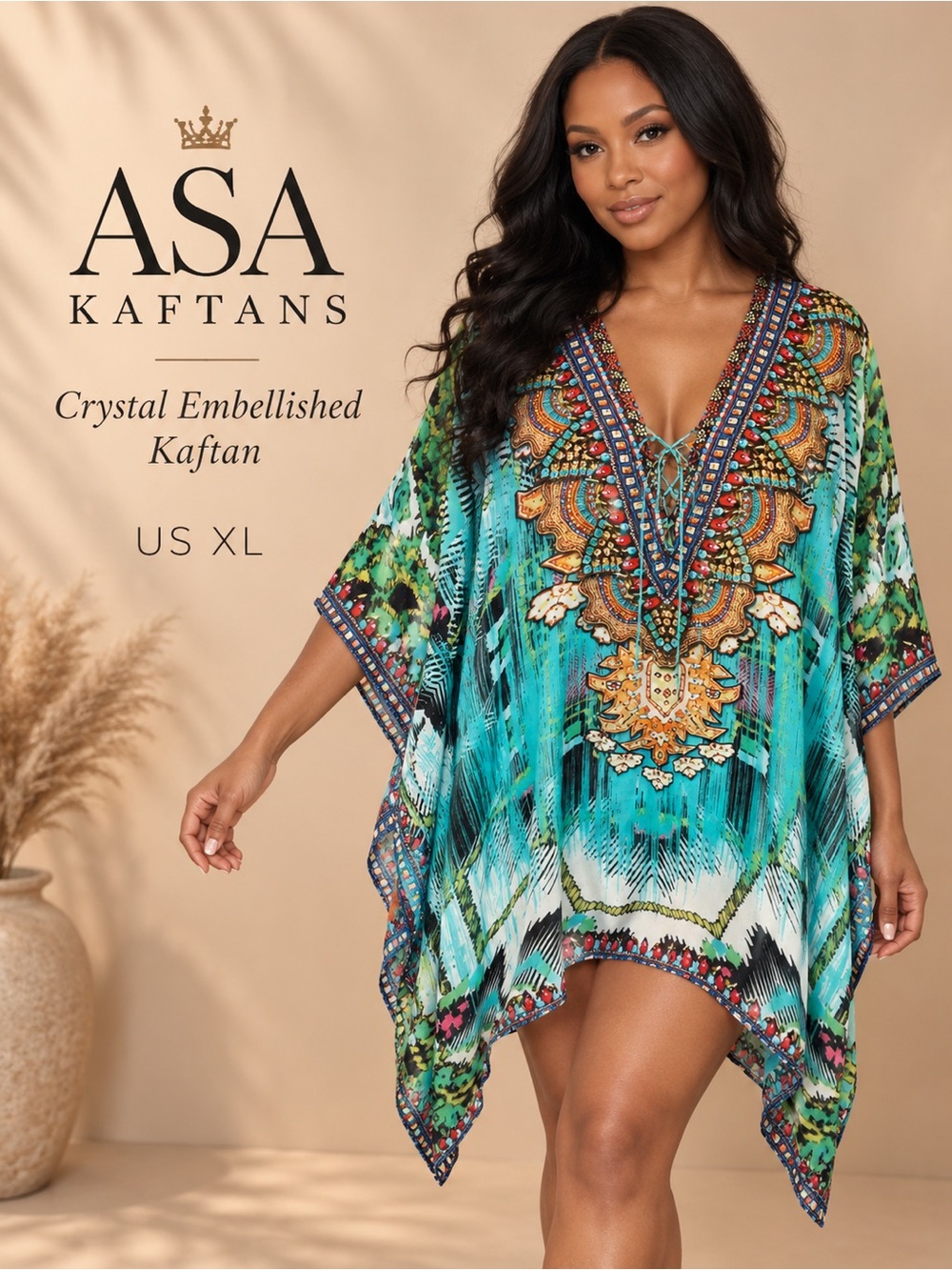 ASA Kaftans Crystal Embellished Turquoise Boho Kaftan Tunic XL
